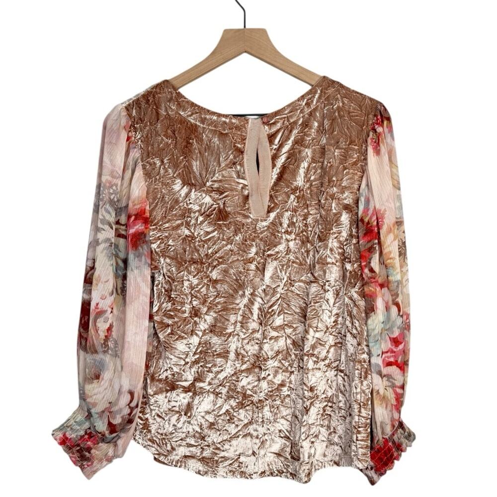 Anthropologie Meadow Rue Crushed Velvet Blouse Floral Sleeves Small - Picture 2 of 5